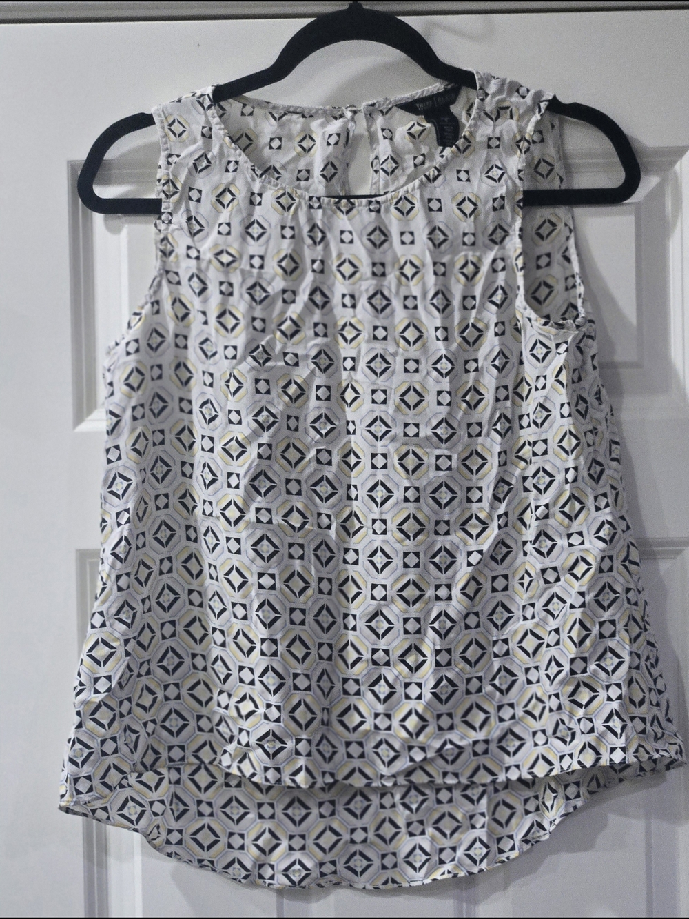 White House Black Market White Silk Navy and Gold Geometric Sleeveless Camisole